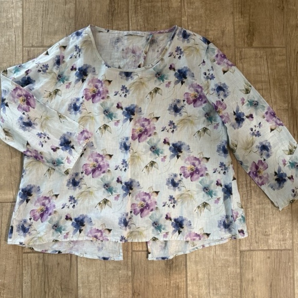 Cut Loose Floral Linen Top Size Large Boxy Summer Round Neck Blouse 3/4 Sleeve‎